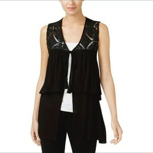 August Silk Top Vest Black Crochet Open Front Medium